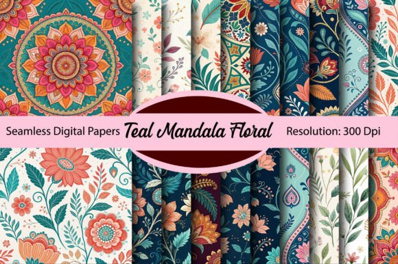 Download Teal Mandala Floral Digital Paper - Floral digital paper Collection