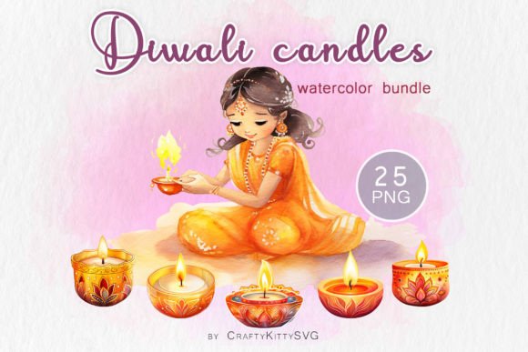 Download Diwali Candles Watercolor Clipart Bundle - Diwali Collection